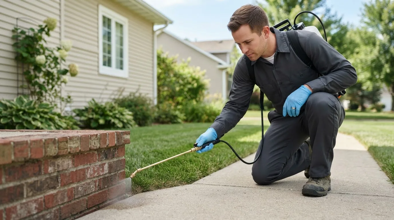 Pest control technician treating a home near Denton, MT